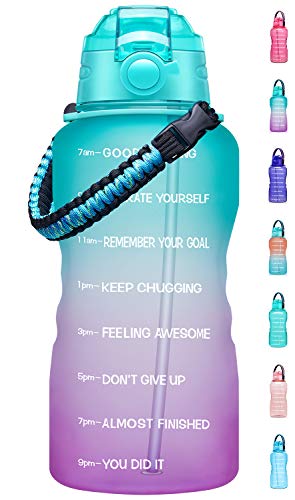 1 Gallon Motivational Water Bottle with Paracord Handle, Detachable Straw - BPA Free Leakproof Water Jug with Time Marker for Proper Hydration - Green/Purple.