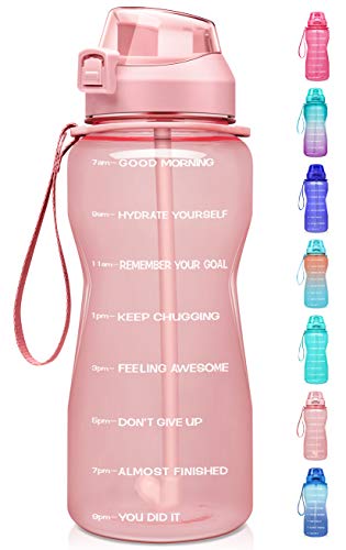 Stay hydrated while reaching your health and fitness goals with the Fidus Half Gallon/64oz Motivational Water Bottle. Featuring a time marker and straw, this leakproof, BPA-free Tritan water jug will remind you to drink enough water throughout the day, whether you're at the gym or engaging in outdoor sports. Available in Light Pink. Motivational Quote & Time Marker.