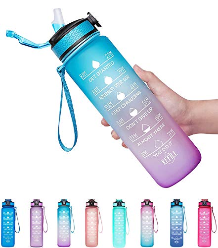 Giotto 32oz Large Leakproof BPA Free Drinking Water Bottle with Time Marker and Straw - Guarantees Proper Hydration for Health and Outdoor Enthusiasts - Ombre Green Purple.