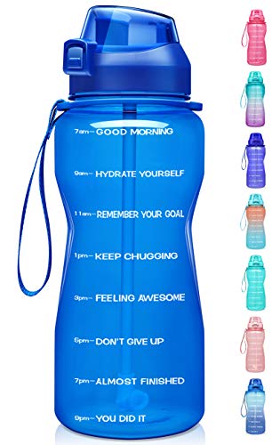 64 oz Motivational Water Bottle with Time Marker, Straw, Leakproof Tritan BPA-Free Water Jug, Helps Ensure You Drink Enough Water Daily for Health, Gym and Outdoor Sports - Available in Blue.