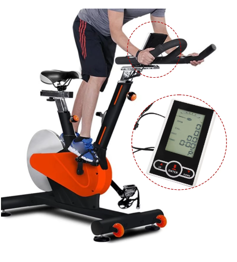 Exercise bike monitor speedometer displaying workout metrics like speed and calories burned, designed for elliptical trainers and stationary bikes.